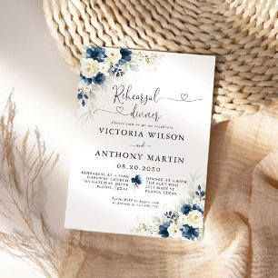 Navy Blue and White Roses Rehearsal Dinner Invitation