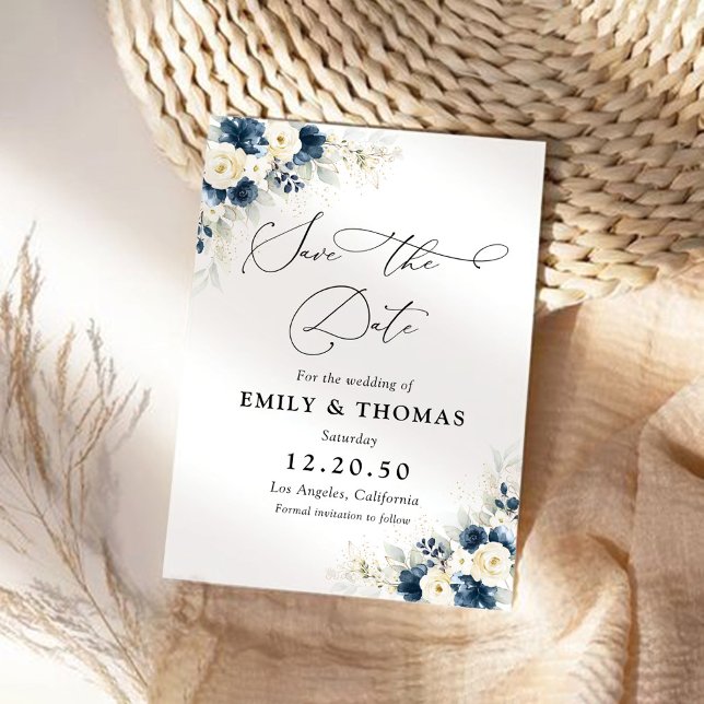 Navy Blue and White Roses Save The Date Card (Creator Uploaded)