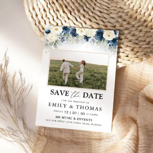 Navy Blue and White Roses Save The Date with Photo
