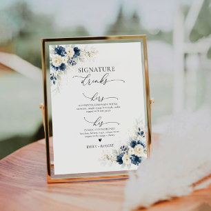 Navy Blue and White Roses Signature Drinks Sign
