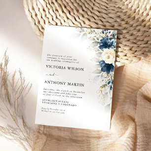 Navy Blue and White Roses Wedding Ceremony Invitation