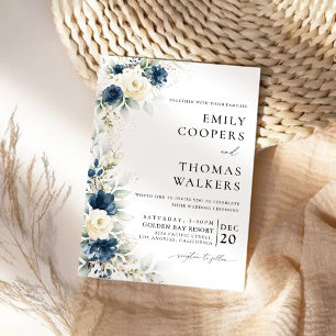 Navy Blue and White Roses Wedding Ceremony Invitation