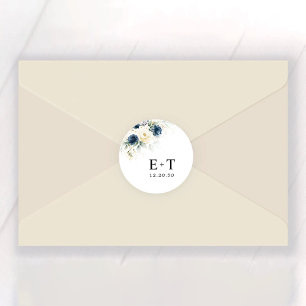 Navy Blue and White Roses Wedding Classic Round Sticker