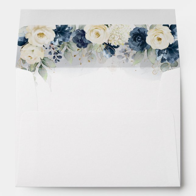 Navy Blue and White Roses Wedding Envelope (Back (Bottom))