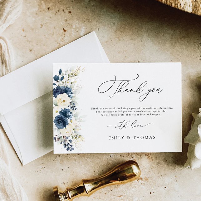Navy Blue and White Roses Wedding Flat Thank You Card (Creator Uploaded)