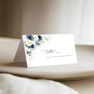 Navy Blue and White Roses Wedding Folded Place Card