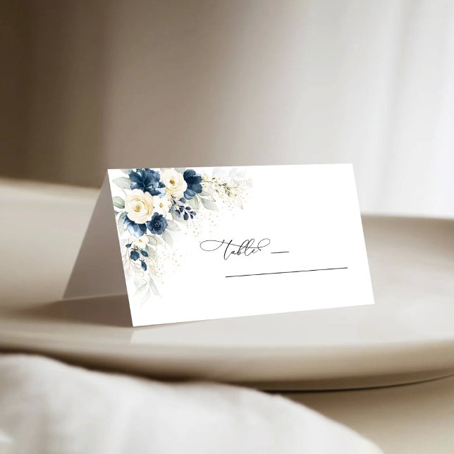 Navy Blue and White Roses Wedding Folded Place Card (Creator Uploaded)