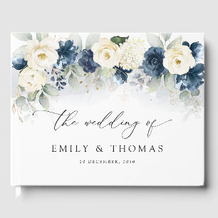 Navy Blue and White Roses Wedding Guest Book