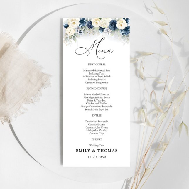 Navy Blue and White Roses Wedding Menu (Creator Uploaded)