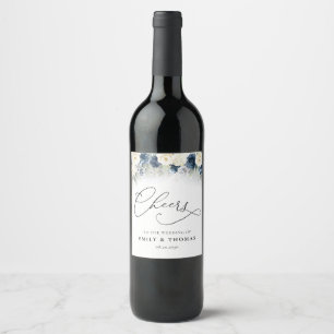 Navy Blue and White Roses Wedding Wine Label
