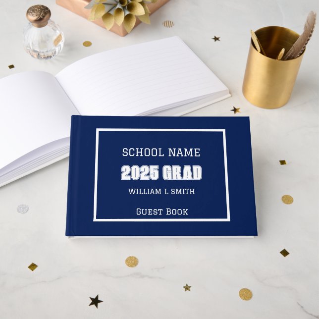 Navy Blue and White School Colours Graduation Guest Book (Front Open)