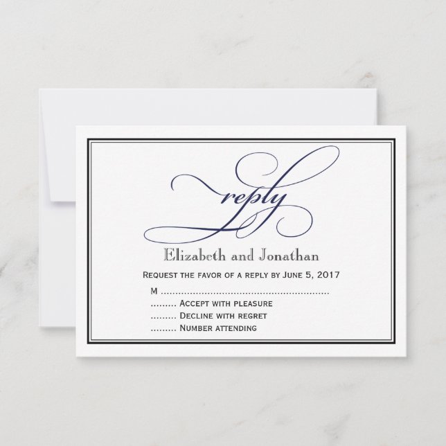 Navy Blue and White Script Wedding Reply Card (Front)