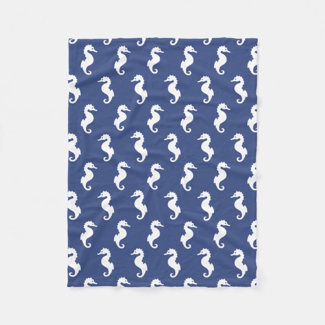 Navy Blue And White Seahorse Pattern Fleece Blanket (Front)