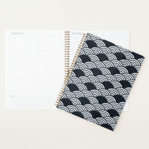 Navy blue and white Seigaiha waves pattern Planner