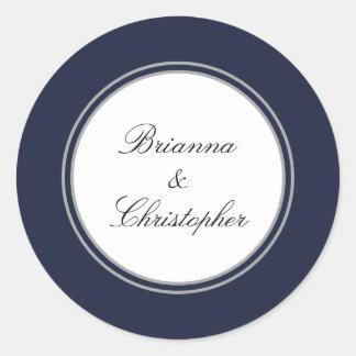 Navy Blue and White Simple Elegant Wedding Classic Round Sticker
