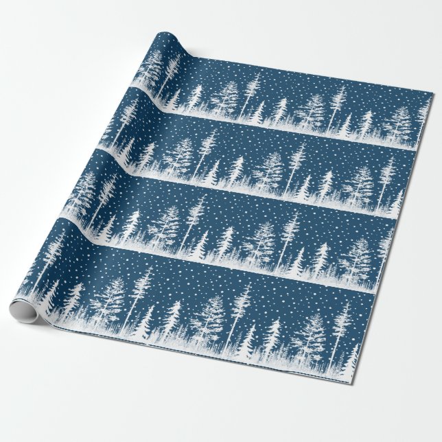 Navy Blue And White Snowy Winter Woodland Forest  Wrapping Paper (Unrolled)