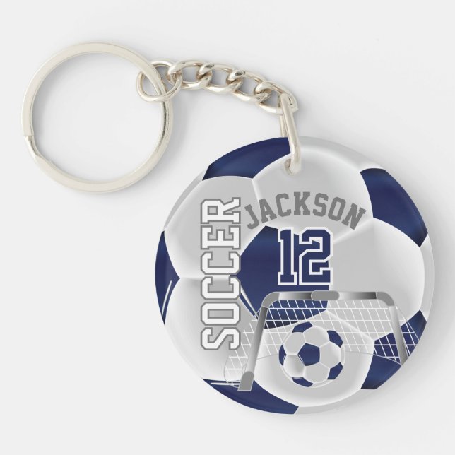 Navy Blue and White Soccer ⚽ Ball   Key Ring (Front)