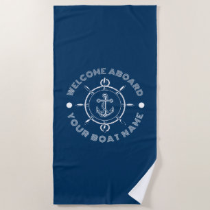 Navy blue and white steering white and boat anchor beach towel