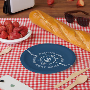 Navy blue and white steering white and boat anchor paper plate