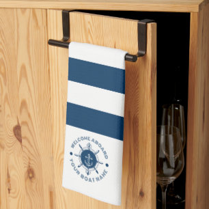 Navy blue and white steering white and boat anchor tea towel
