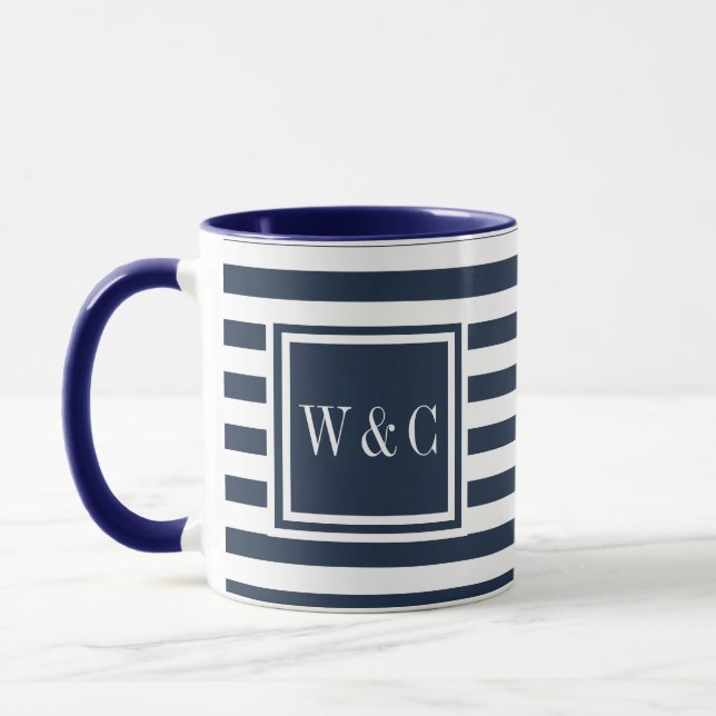 Navy Blue and White Stripe Monogram Mug (Left)