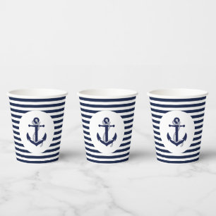 Navy Blue and White Striped Anchor Wedding Paper Cups