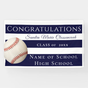 Navy Blue and White Striped Baseball graduate Banner