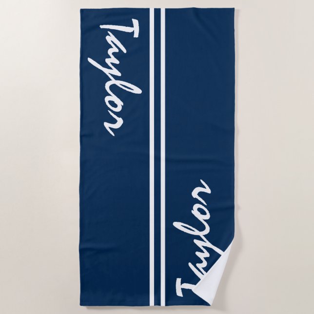 Navy Blue and White Striped Custom Name Beach Towel (Front)