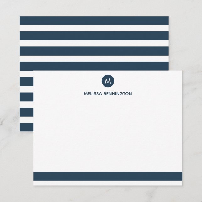 Navy Blue and White Striped Personalised Monogram Card (Front/Back)
