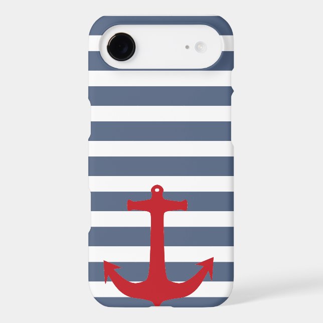 Navy Blue and White Striped Red Anchor Phone Case (Back)
