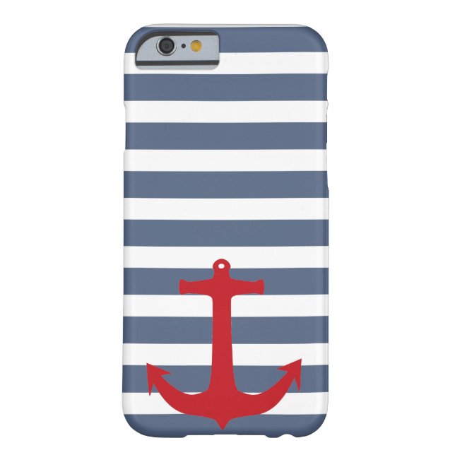 Navy Blue and White Striped Red Anchor Phone Case (Back)