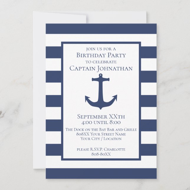 Navy Blue and White Stripes and Anchor Nautical Invitation (Front)
