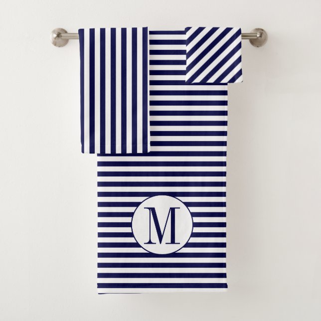 Navy blue and white stripes and monogram bath towel set (Insitu)