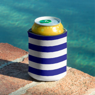 Navy Blue and White Stripes Can Cooler