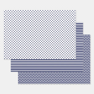 Navy Blue and White Stripes Chevron Polka Dots Wrapping Paper Sheet