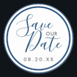 Navy Blue and White Stripes Nautical Save our Date Classic Round Sticker<br><div class="desc">Add the last touch to your seaside event with these nautical round stickers. They feature your wedding date on a white background with a navy blue double border. You can use them for bridal or wedding favours, sealing envelopes, and so forth. Personalise them by adding your personal information and details,...</div>