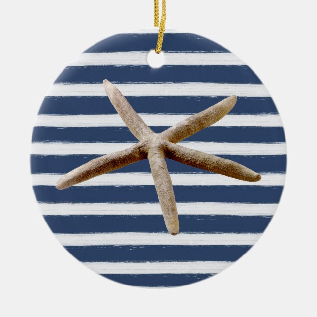Navy Blue and White Stripes Starfish Ceramic Tree Decoration (Front)