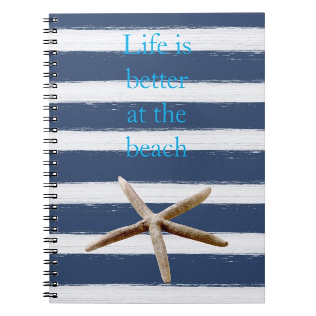 Navy Blue and White Stripes Starfish Notebook (Front)