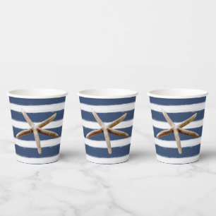 Navy Blue and White Stripes Starfish Paper Cups