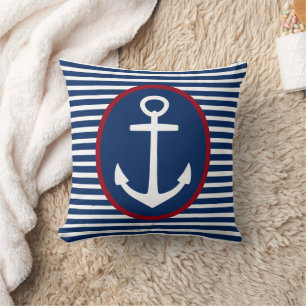 Navy Blue and White Stripes With Anchor Cushion