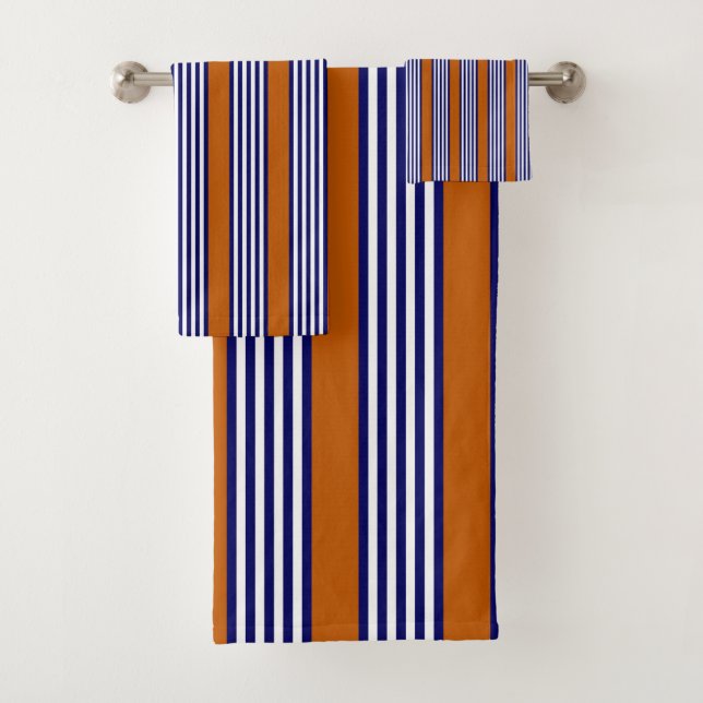 Navy blue and white stripes with burnt orange bath towel set (Insitu)