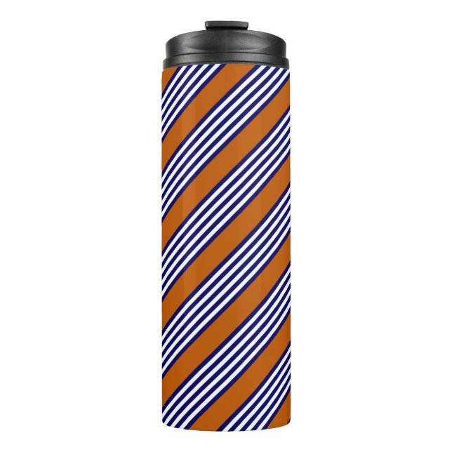 Navy blue and white stripes with burnt orange thermal tumbler (Front)
