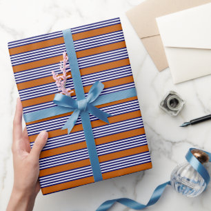 Navy blue and white stripes with burnt orange wrapping paper