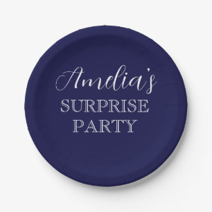 Navy Blue and White Surprise Birthday Party Paper Plate