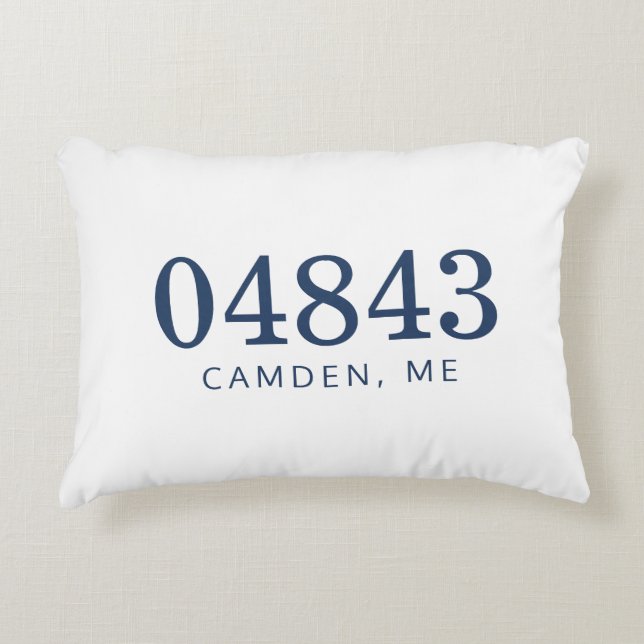 Navy Blue and White The Location Zip Code Decorative Cushion (Front)
