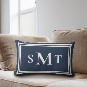 Navy Blue and White Three Letter Monogram Lumbar Cushion