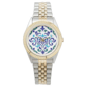 navy blue and white tile pattern watch