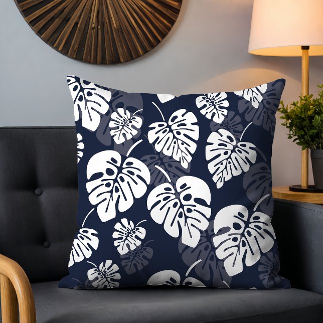 Navy Blue and White Tropical Foliage | Floral Cushion (Creator Uploaded)