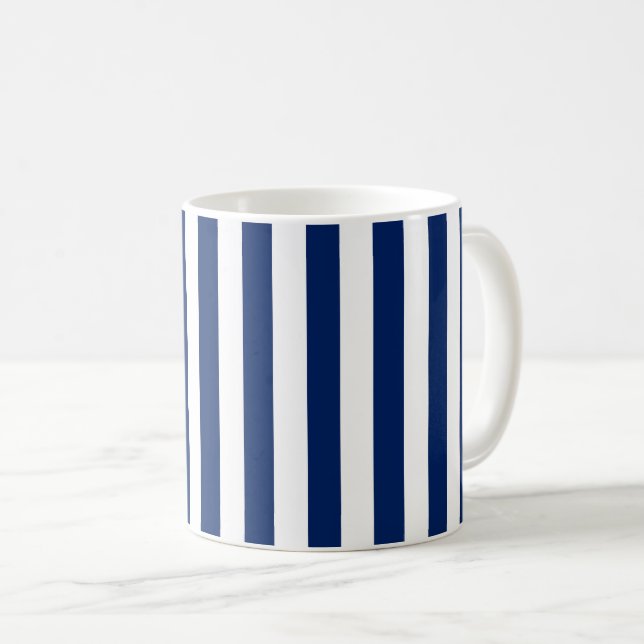 Navy Blue and White Vertical Stripes Coffee Mug (Front Right)
