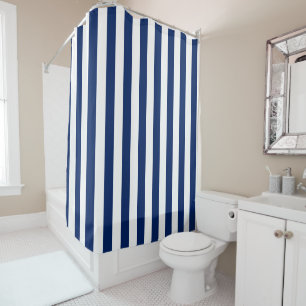 Navy Blue and White Vertical Stripes Shower Curtain